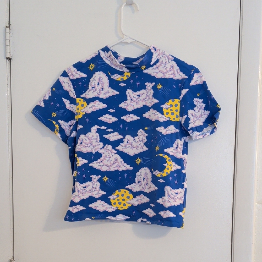 Nooworks Blue Cloud & Yellow Moon Print Short Sleeve Top